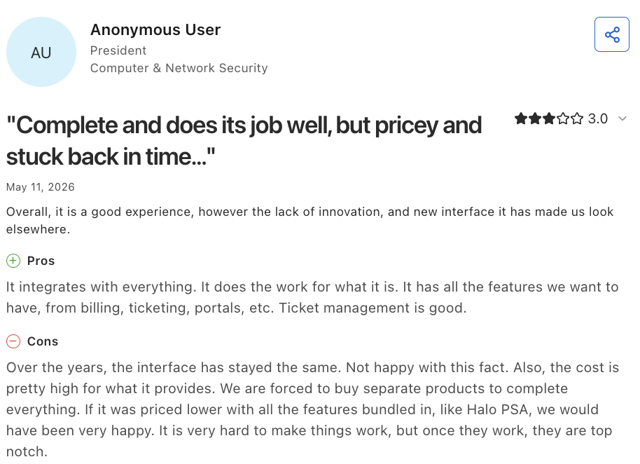 Capterra user comment on ConnectWise