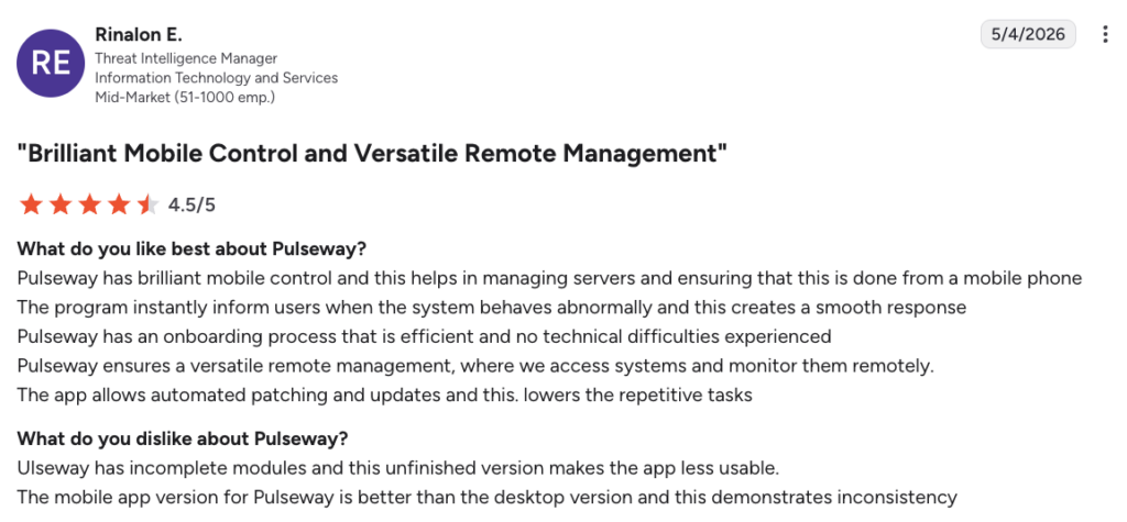 G2 user comment on Pulseway
