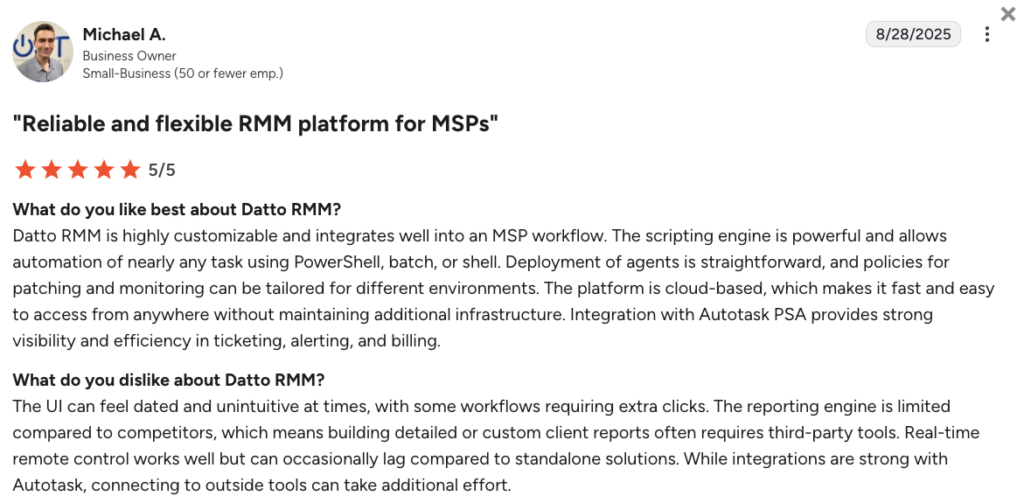 Michael A. comment on datto RMM