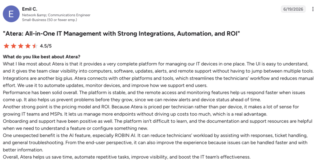 Emil C. pointed out how Robin helps to reduce technicians’ workload by assisting with responses
