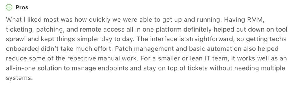 Bradley R. comment in Capterra about Atera