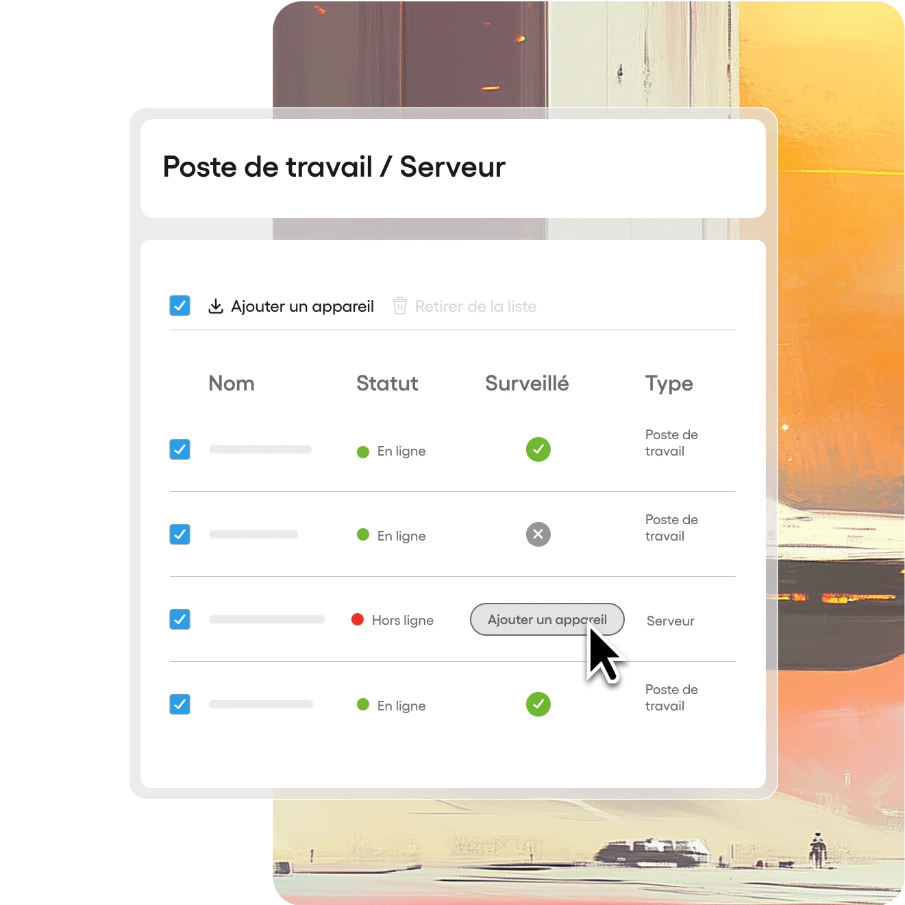 Capture d’écran de la liste des postes de travail et serveurs d’Atera