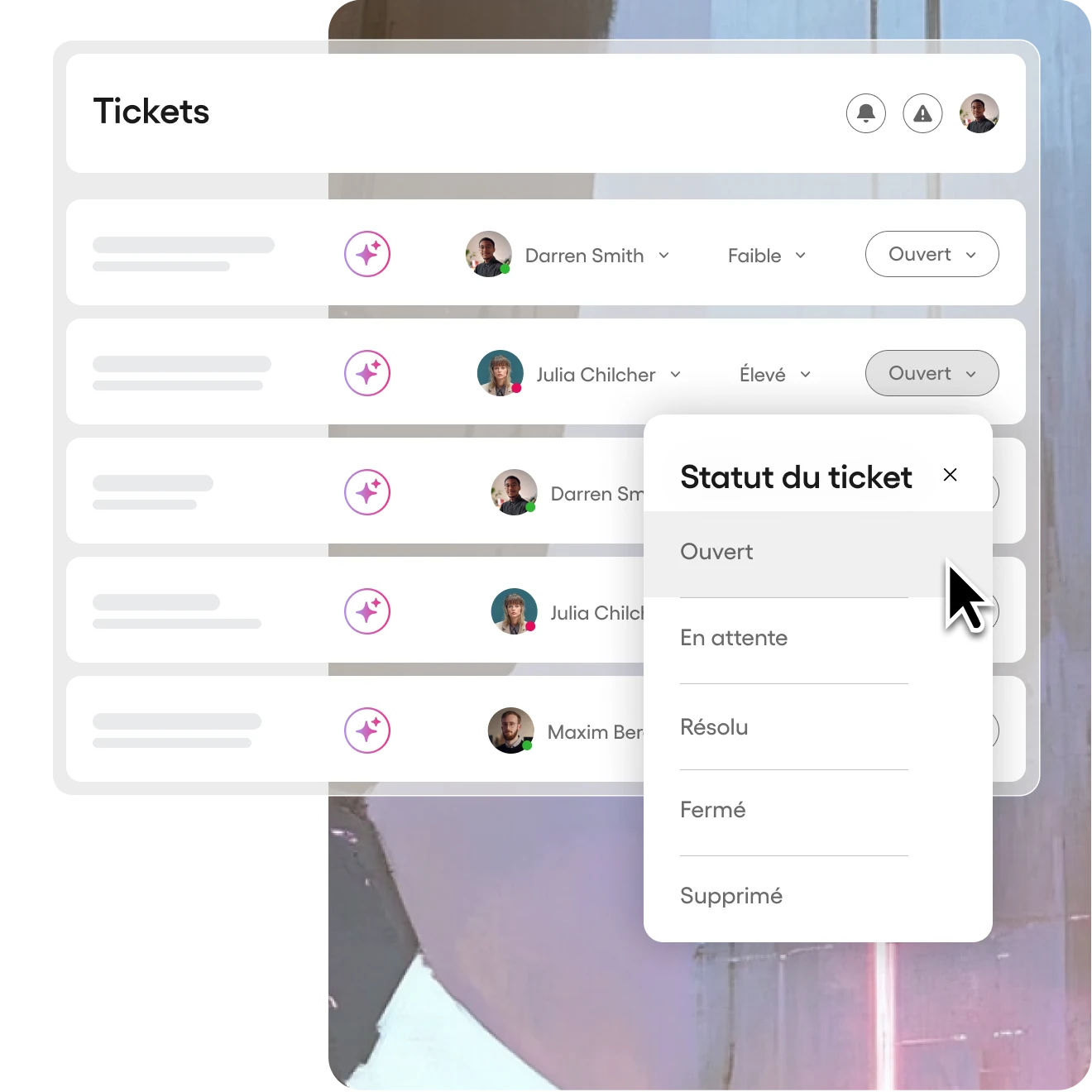 Capture d’écran du panneau de tickets d’Atera