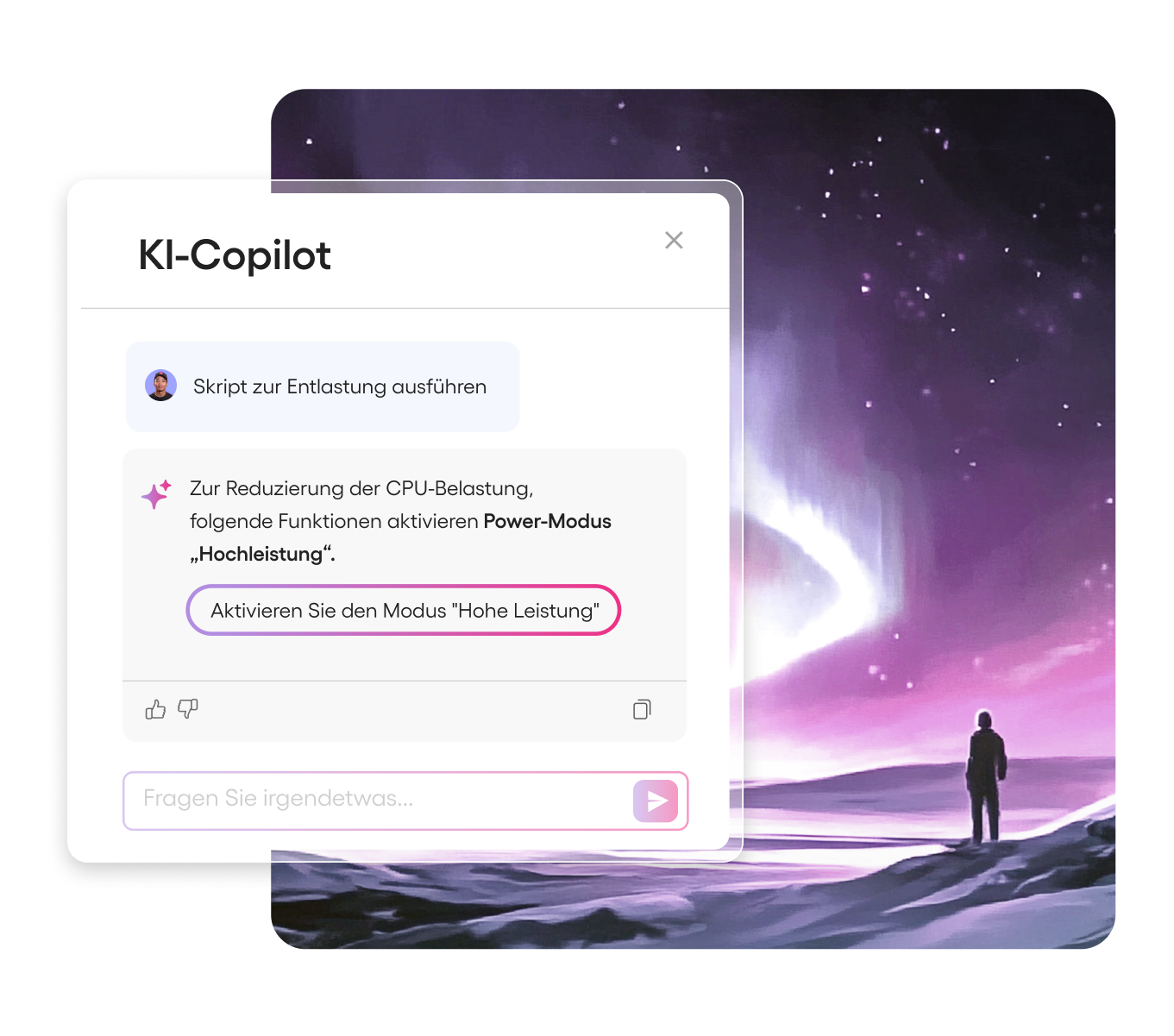 KI-Copilot-Chatfenster mit Vorschlägen zur CPU-Optimierung. Ein Hinweis empfiehlt den Hochleistungsmodus zu aktivieren, begleitet von einem KI-Button „Modus Hohe Leistung aktivieren“. Darunter Feedback-Symbole mit Daumen hoch, Daumen runter und ein Kopieren-Symbol. Unten befindet sich eine Suchleiste.