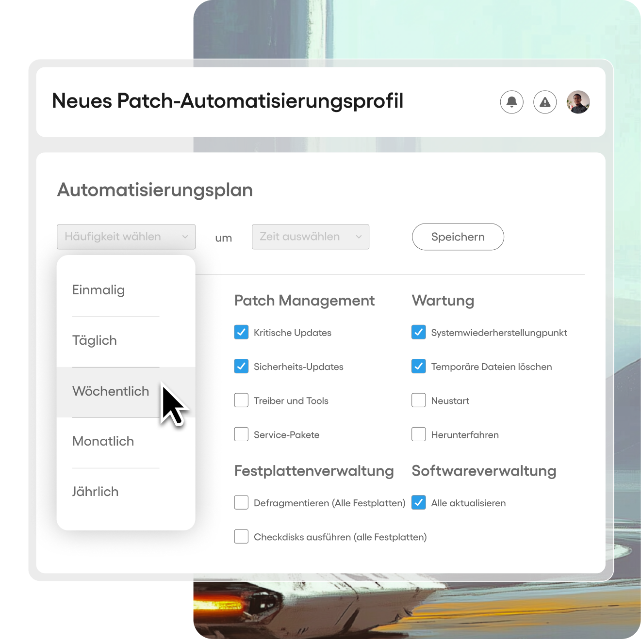 Erstellungsansicht eines neuen Patch-Automatisierungsprofils mit Dropdown-Menü für Frequenzauswahl und Checkboxen für verschiedene Aufgaben im Patch- und Wartungsmanagement.