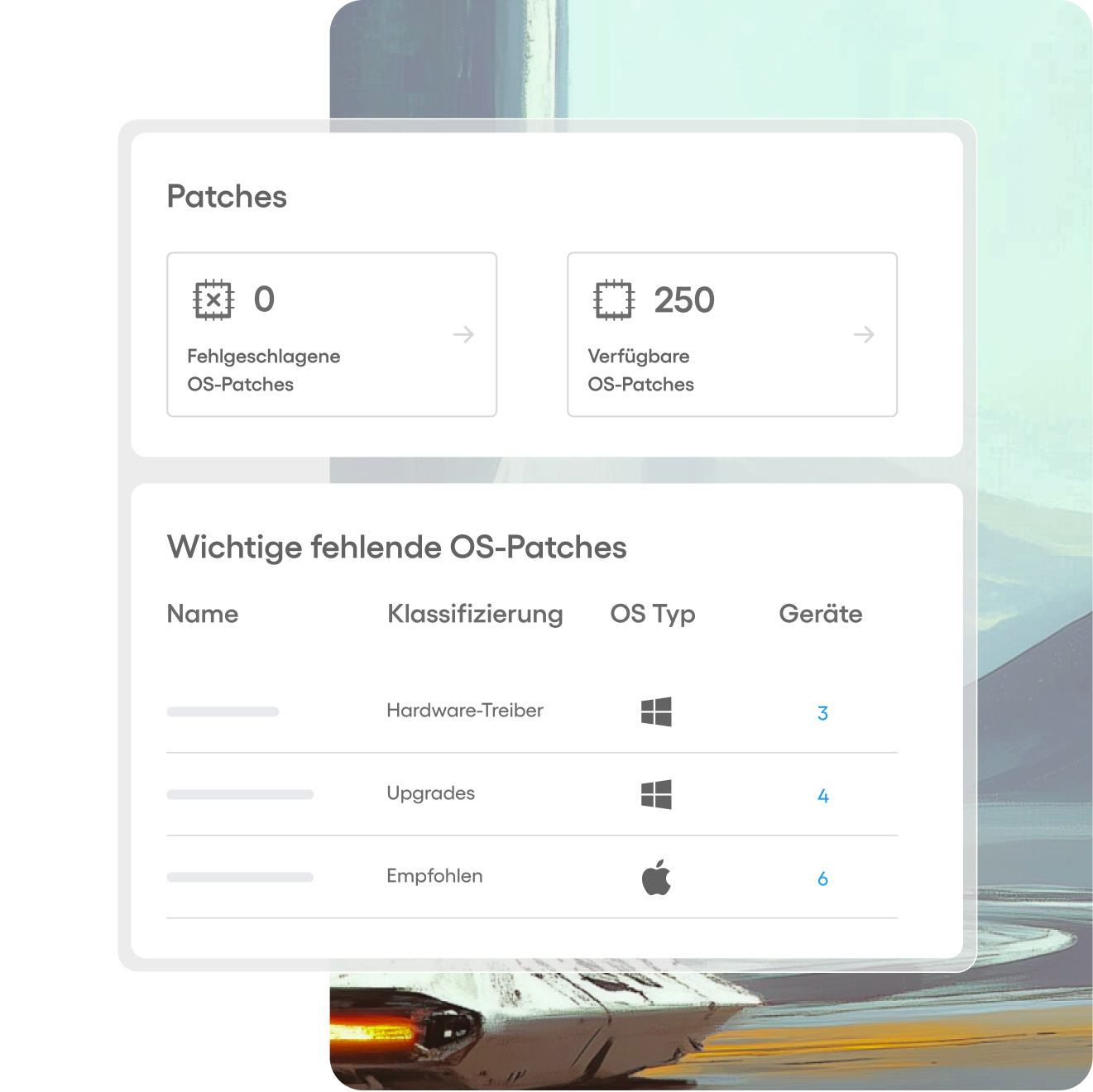 Dashboard mit 0 fehlgeschlagenen OS-Patches und 250 verfügbaren OS-Patches, mit einer Tabelle, die fehlende OS-Patches für Windows- und macOS-Geräte auflistet.