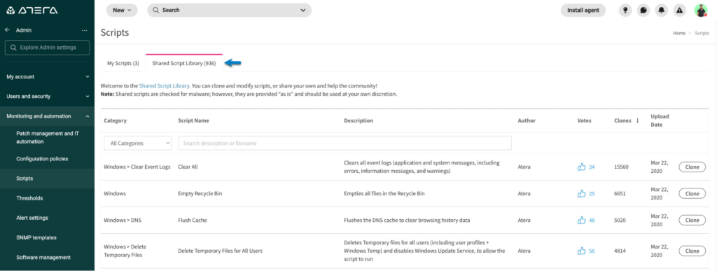 Atera’s scripting tool
