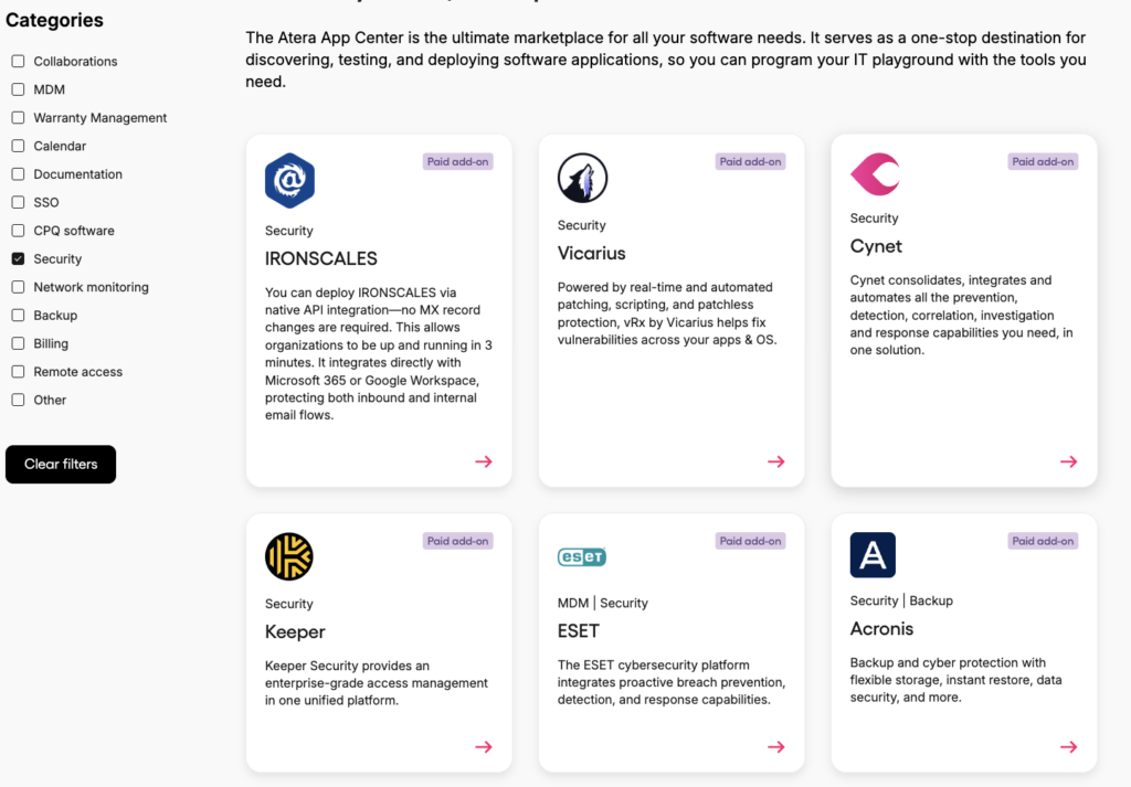 Atera’s security-centered integrations