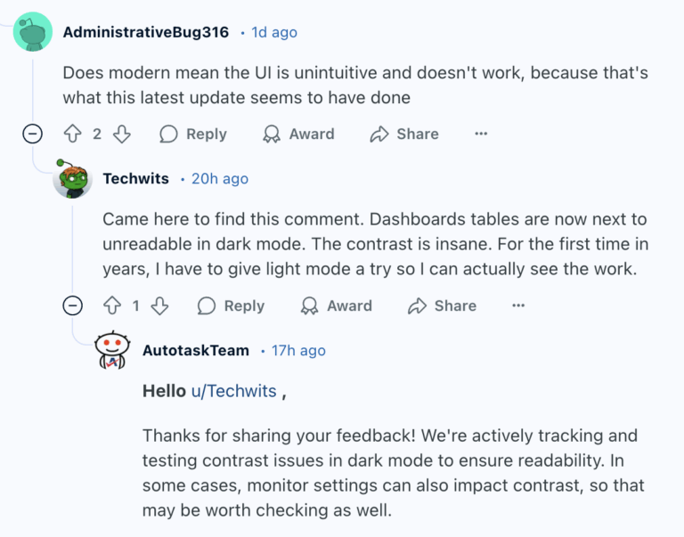 Autotask review via Reddit