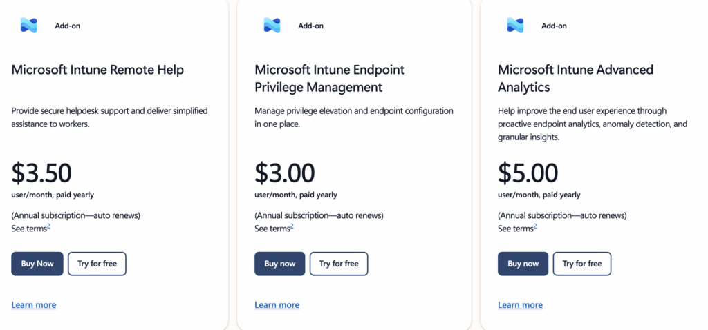 Intune add-on costs