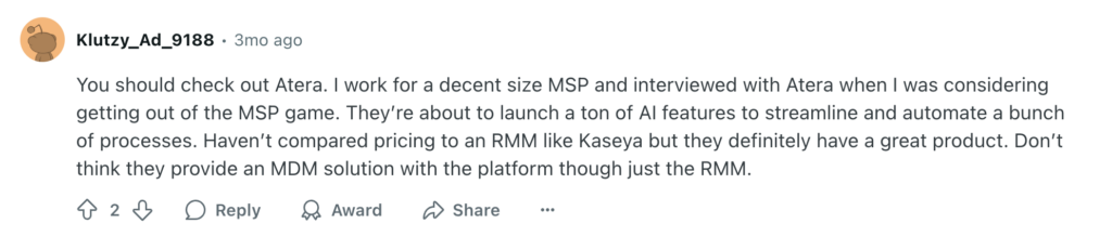 Reddit thread, one user was asking for Kaseya alternatives