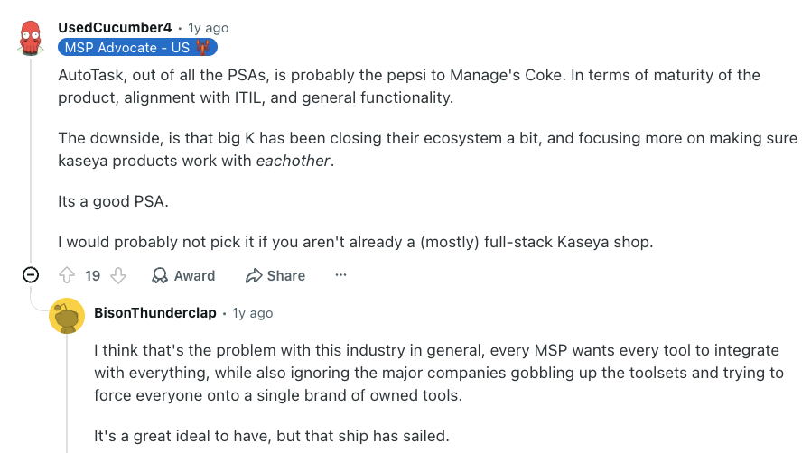 Reddit user comment on Autotask