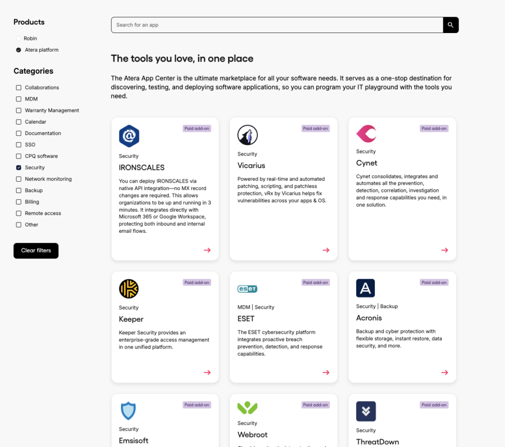 Atera platform integrations