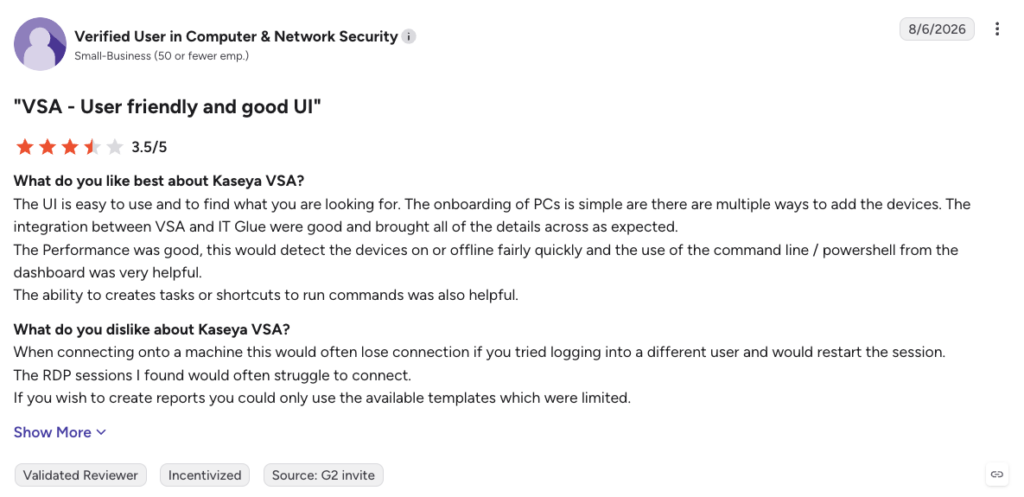 user concluded his experience with Kaseya VSA