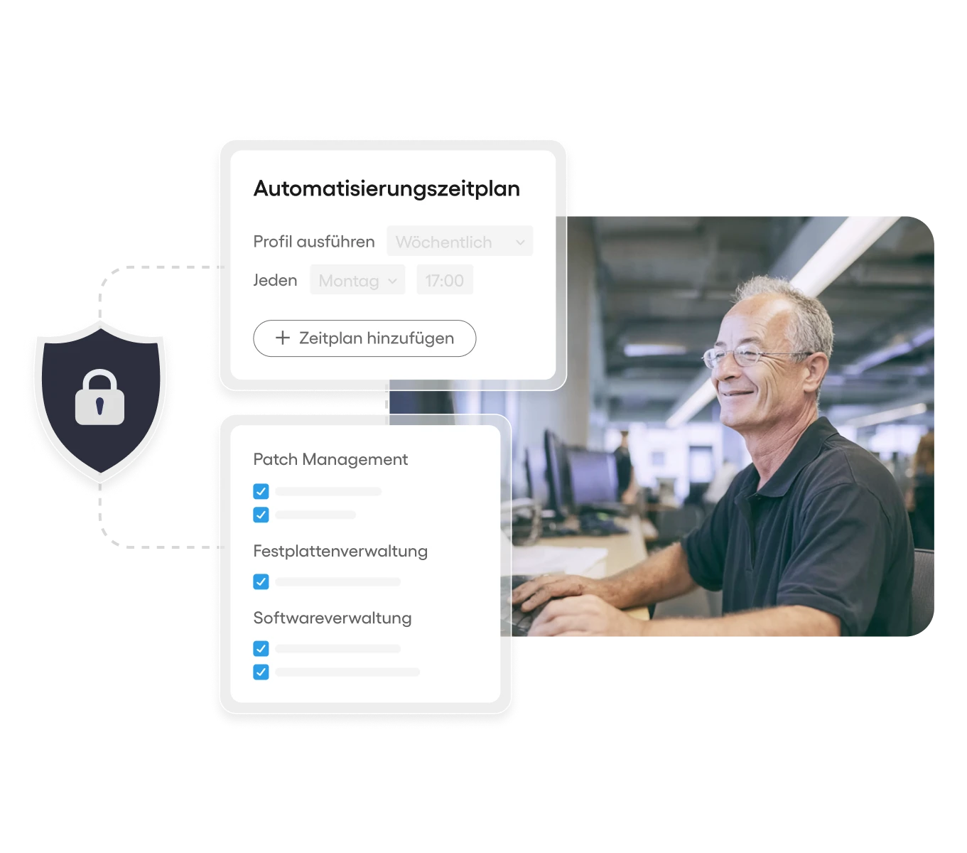 IT-Administrator in einer Produktionsumgebung mit Atera-Dashboard für Automatisierungszeitplan, Patch-Management und Sicherheitsfunktionen.