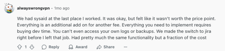 Reddit user comment on Sysaid