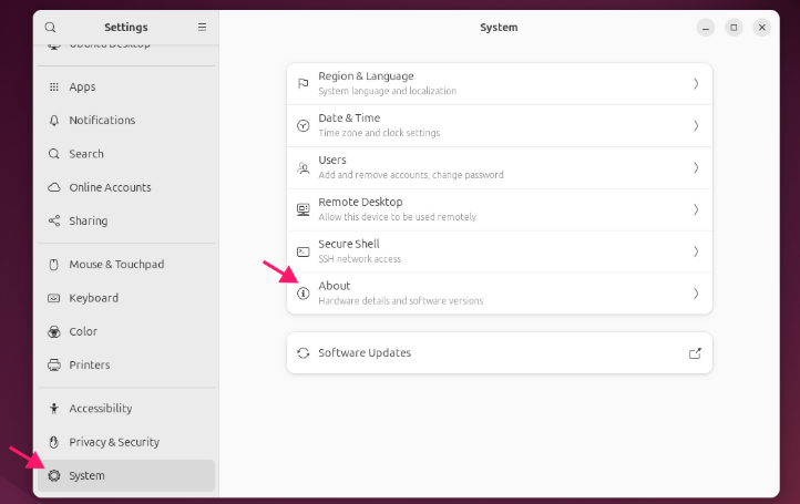 About Section in the Settings window