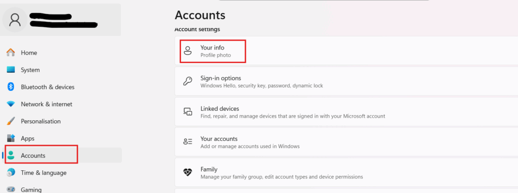 Screenshot of the account settings page