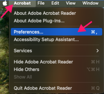Click Acrobat and select preferences