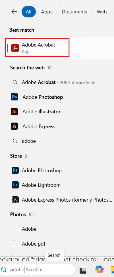 Search Bar to open Adobe