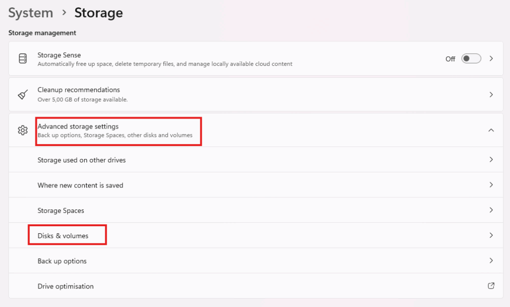 Advanced Settings menu to open disk and volumes