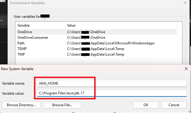 Create JDK installation path value