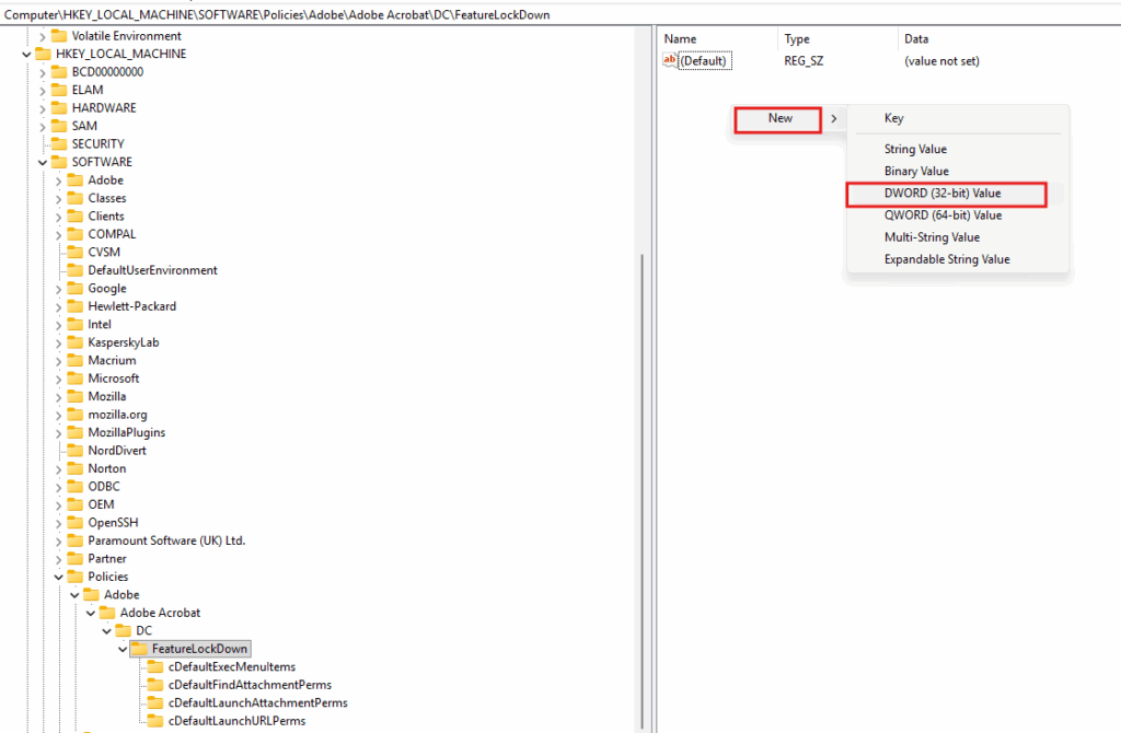 Create a new value in Registry Key