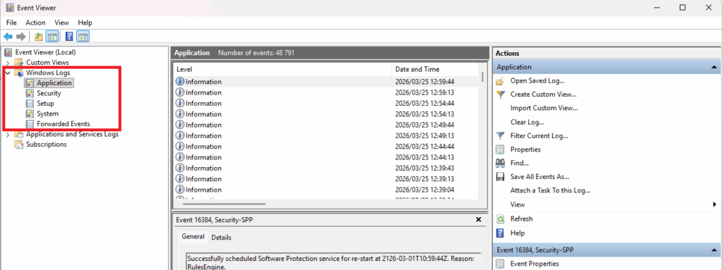 Event viewer logs for Java failure