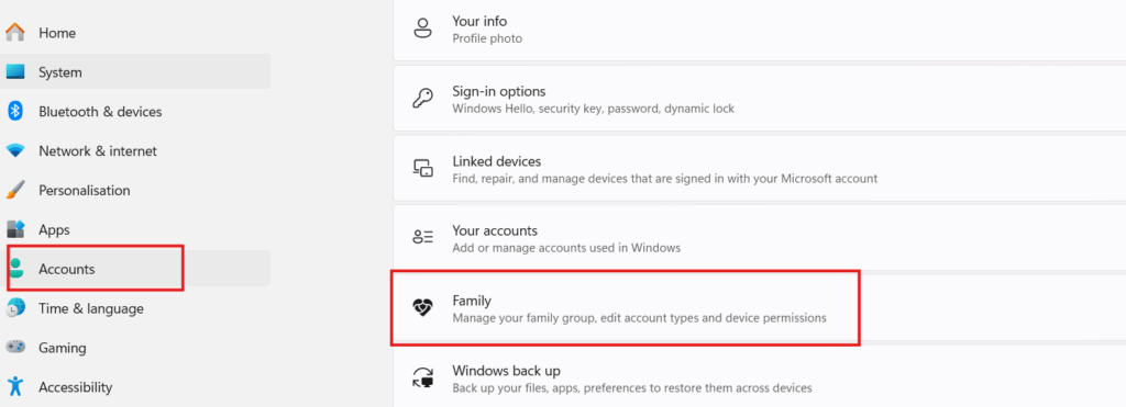 Family Accounts Settings Menu