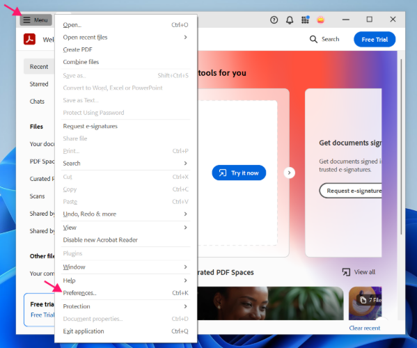 Menu Section Adobe to select preferences