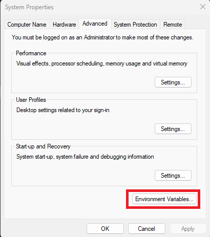 Open environment variables in window