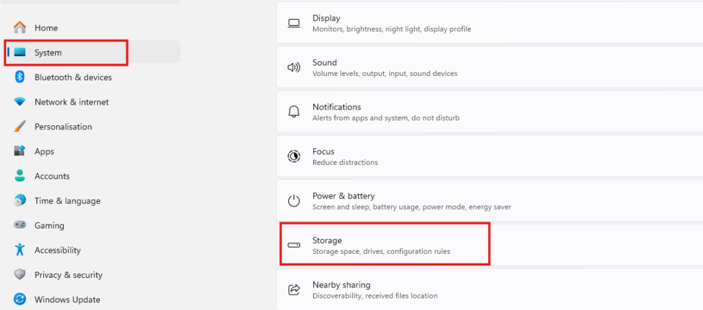 Settings Menu to open Storage