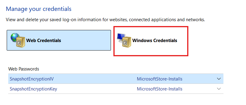 Red block around Windows Credentials