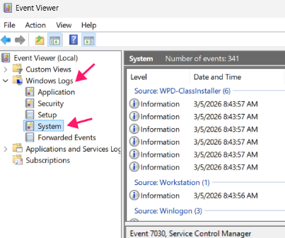 Windows Logs in Event viewer to open system