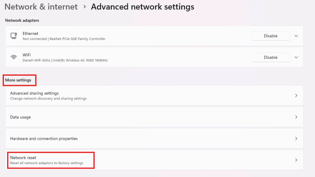 a screenshot of a network settings page