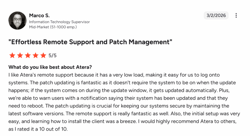 Marco S. comment on G2 shares his experience with Atera