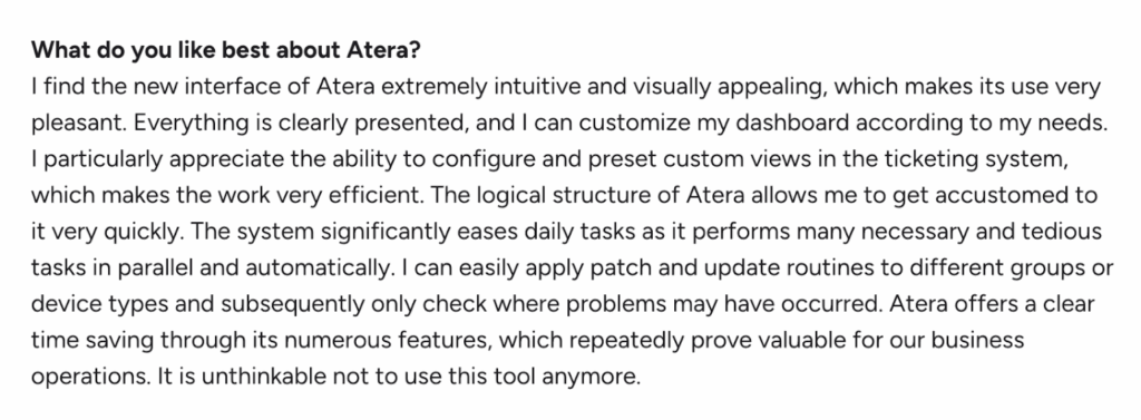 G2 user share his experience with Atera’s interface