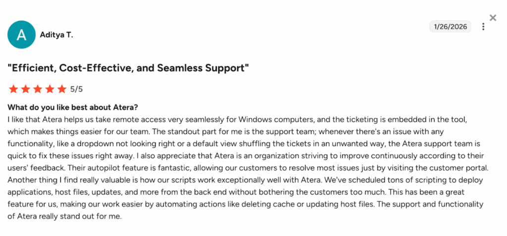 Aditya T. shared her experience with Atera’s support