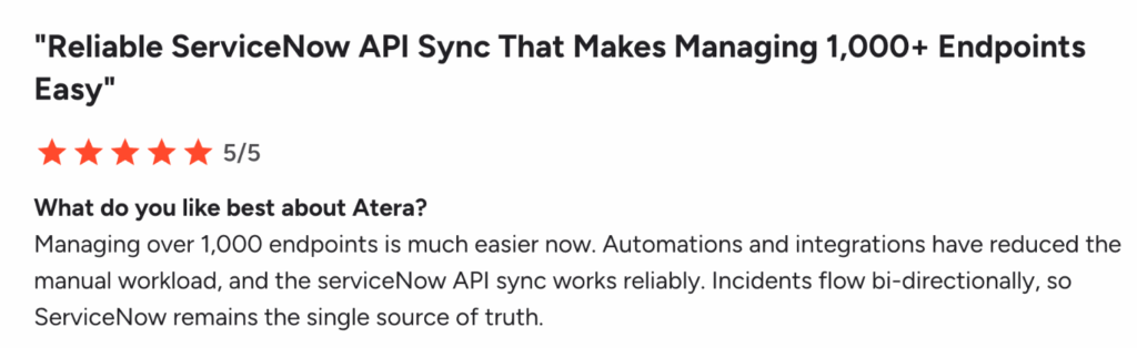 G2 user commented on how Atera’s integrations help to streamline managing endpoints
