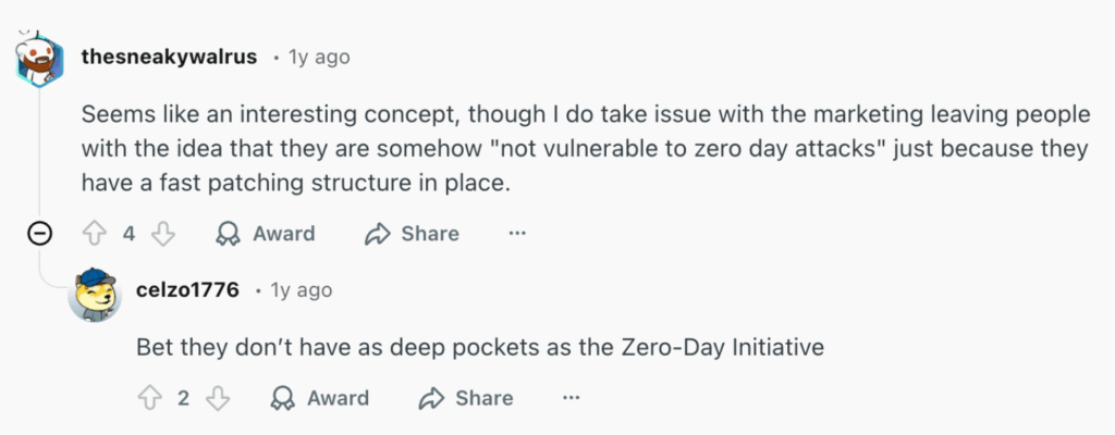 Reddit users comment on 0patch’s zero-day attack promises