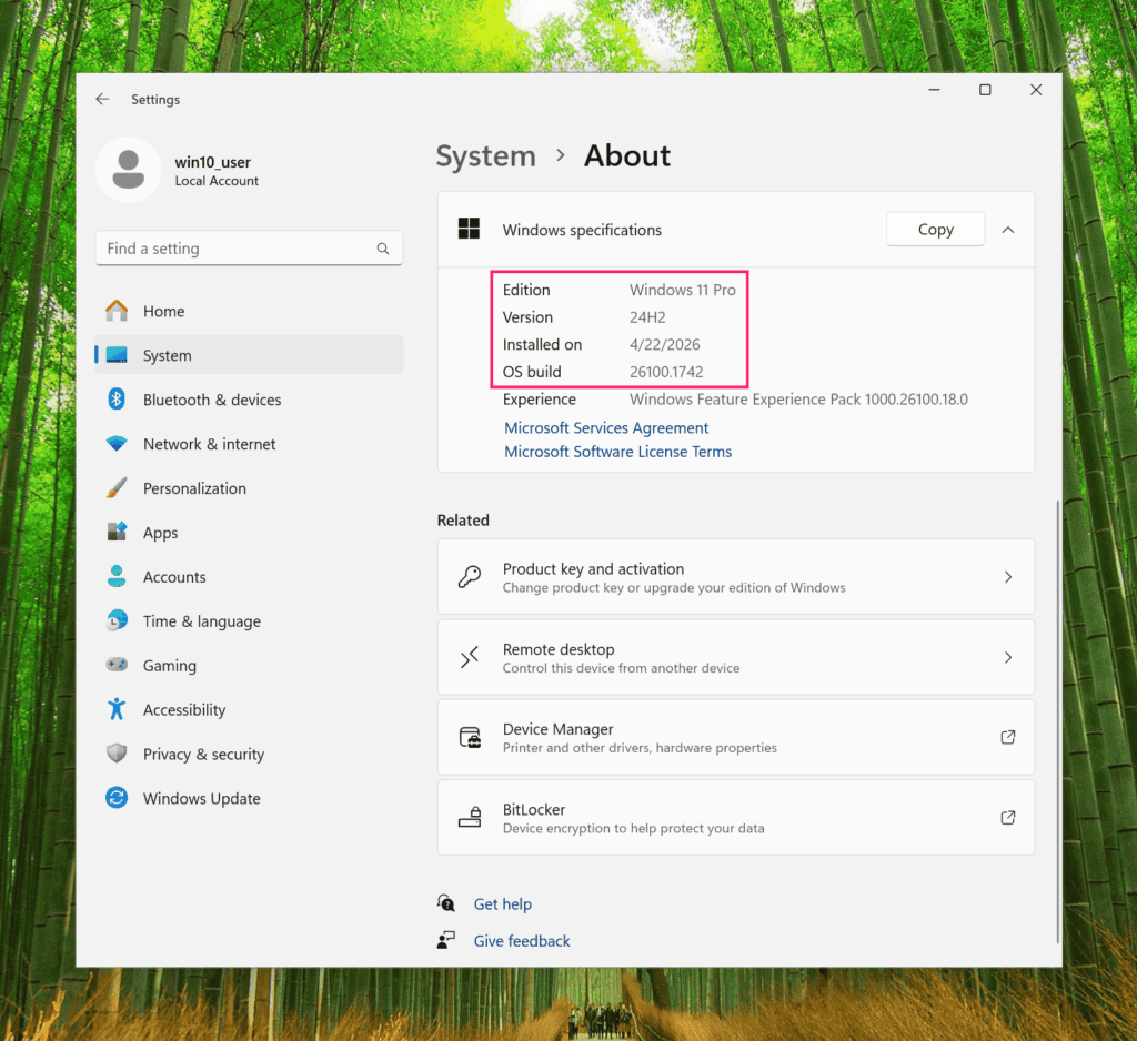 About section in System Settings
