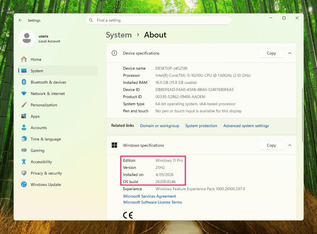 About system in Settings