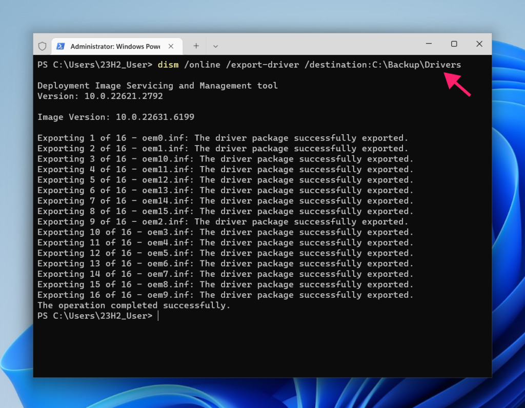 Backup drivers in CMD