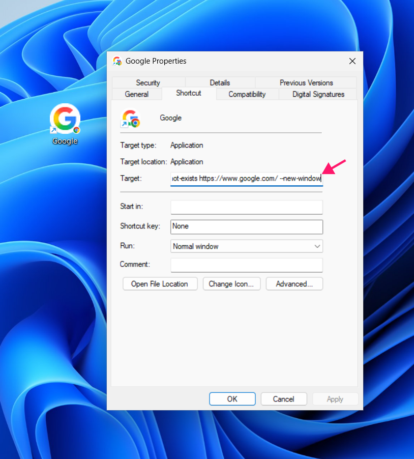 Change target properties of Chrome shortcut