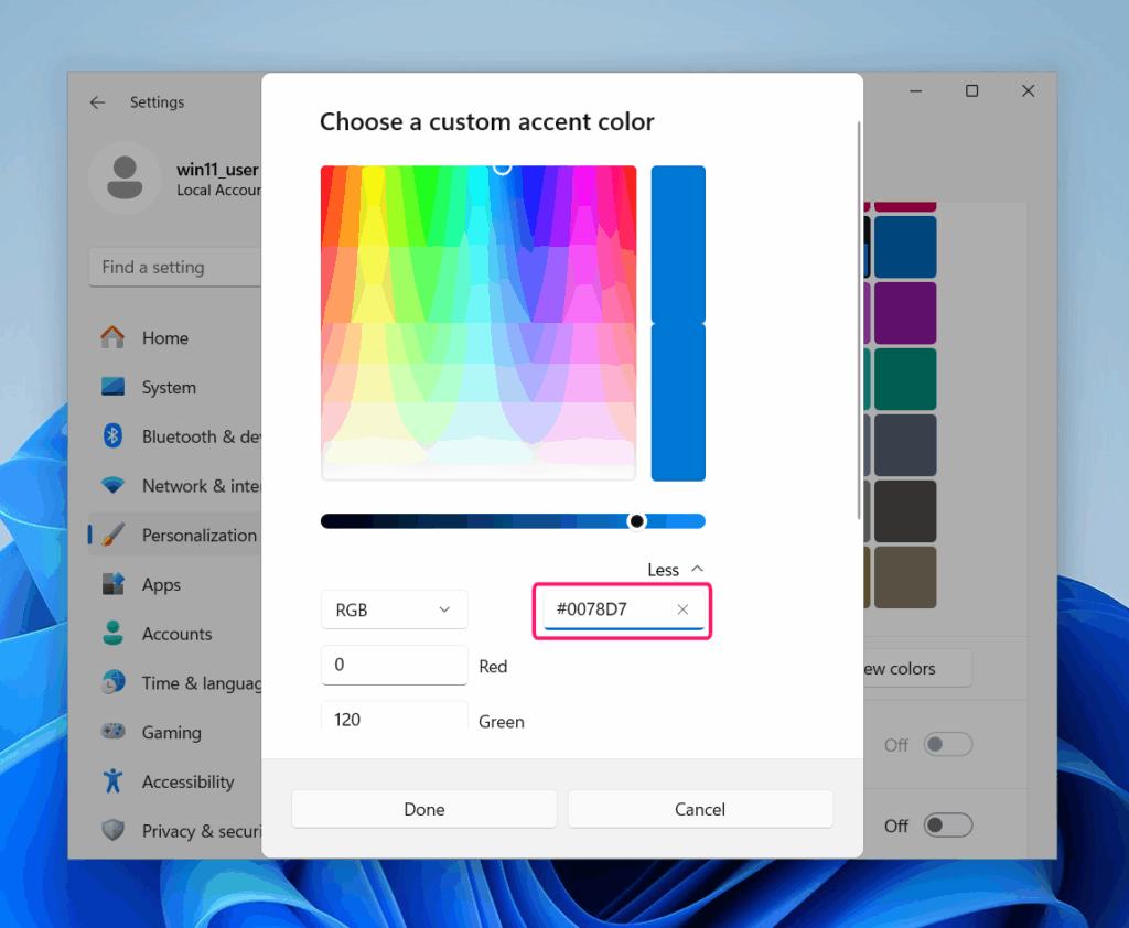 Choose a custom color in themes