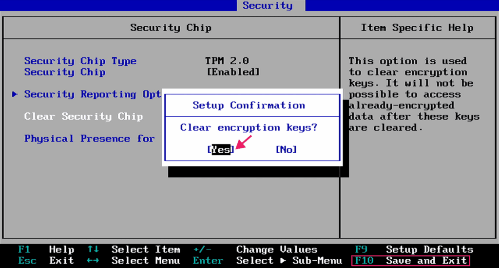 Clear encryption keys in BIOS