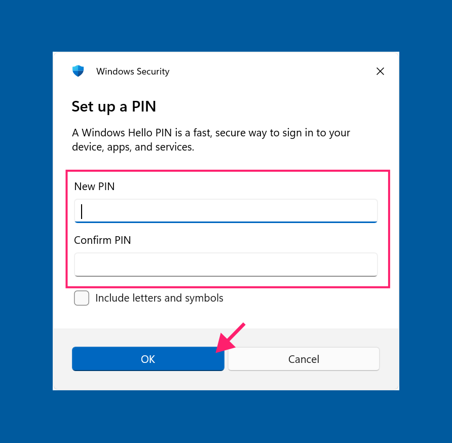 Confirm new PIN for Windows