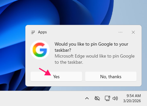 Confirm shortcut creation in Edge