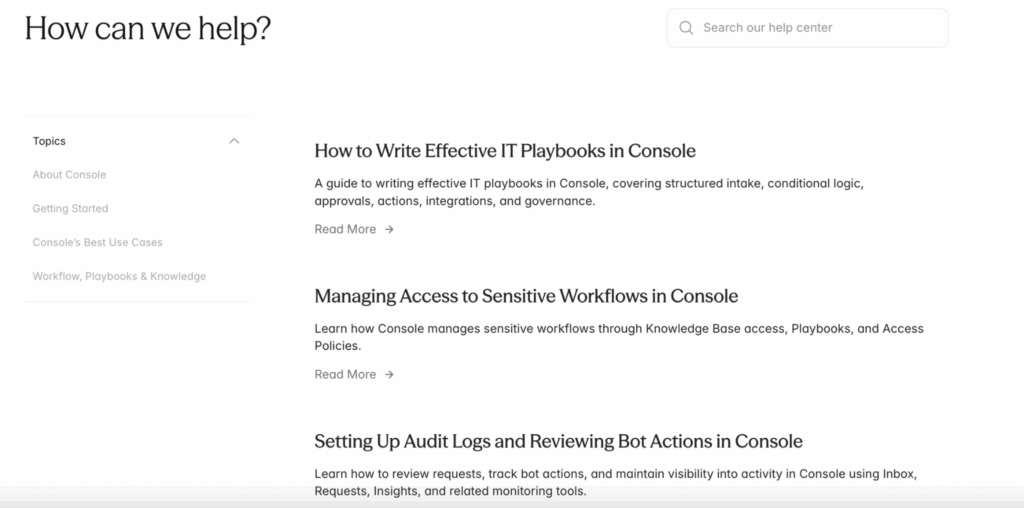 Console’s help center page