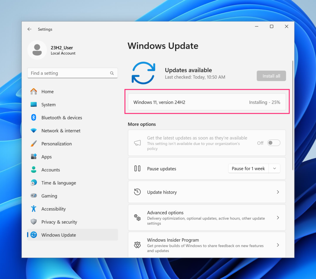 Current update version in system Settings